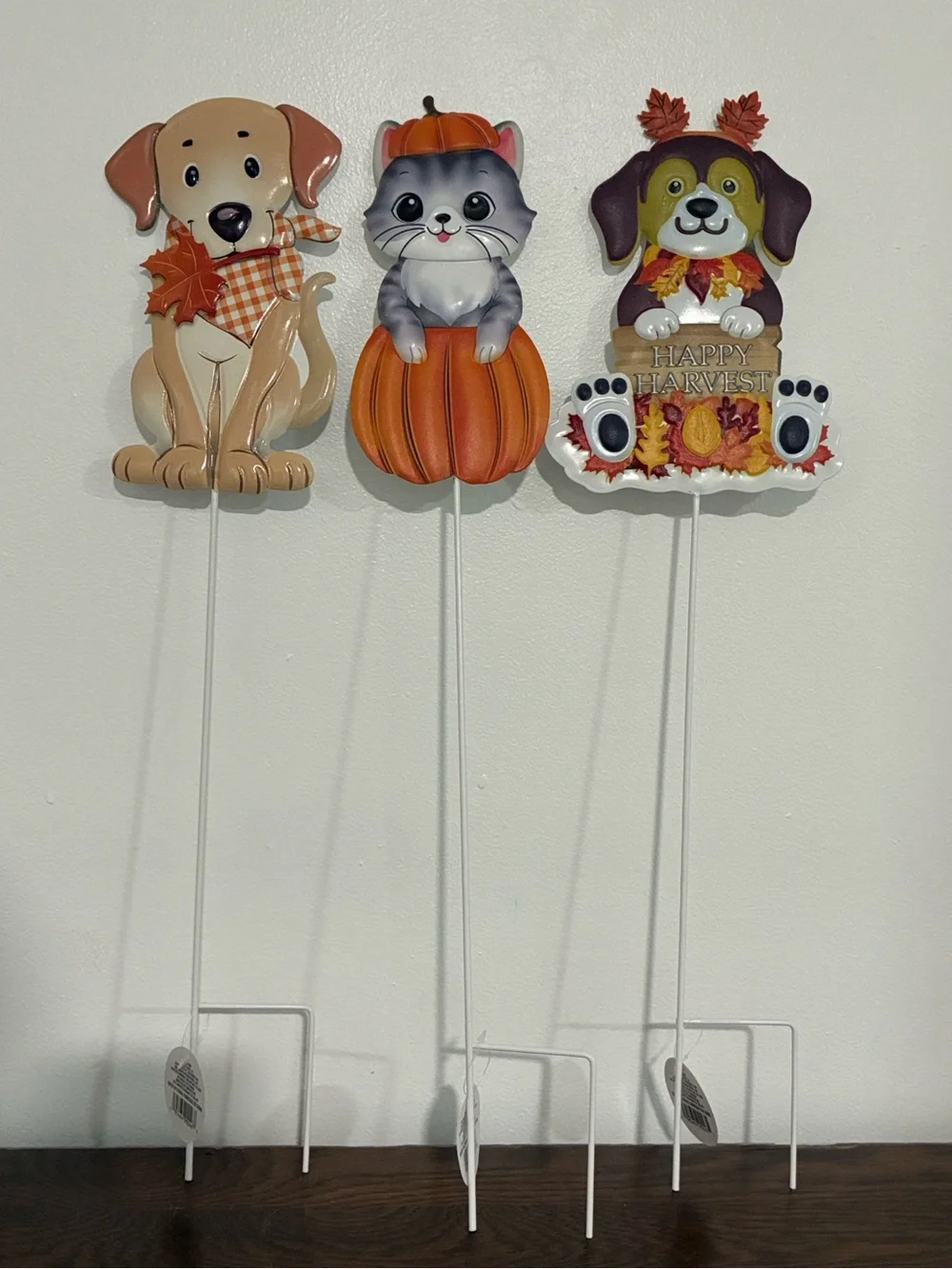 NWT- Set of 3- Adorable Fall Harvest Theme- Dog & Cat Metal Yard Stakes